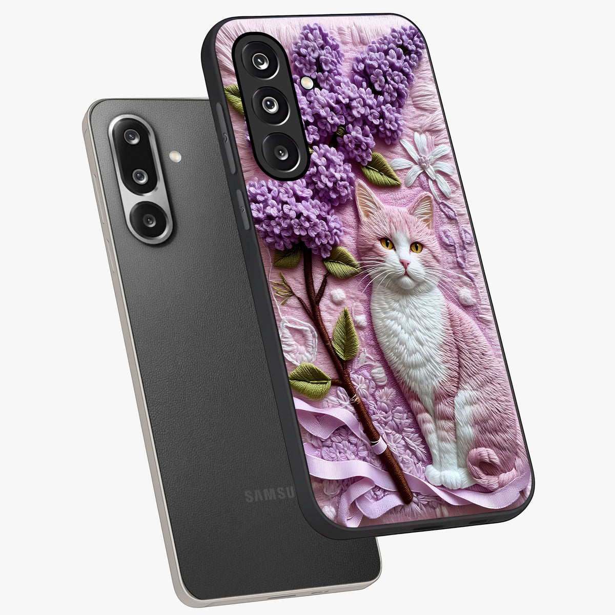 Lavender Cat Whimsy Glass Case displayed in angled mockup highlighting playful feline illustration with pastel lavender aesthetic.