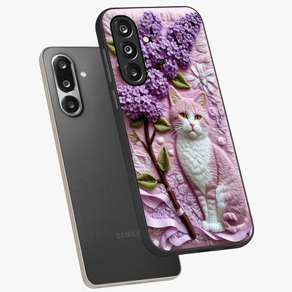 Lavender Cat Whimsy Glass Case displayed in angled mockup highlighting playful feline illustration with pastel lavender aesthetic.