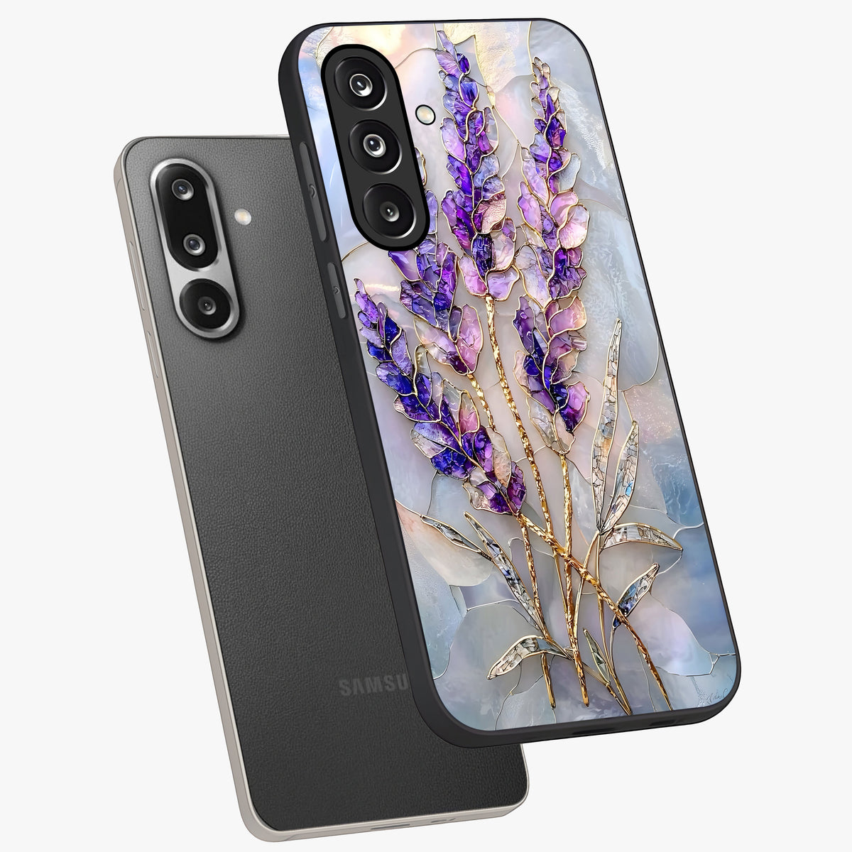 Lavender Dream Glow Glass Case displayed in angled mockup highlighting dreamy purple glow design with soft artistic style.