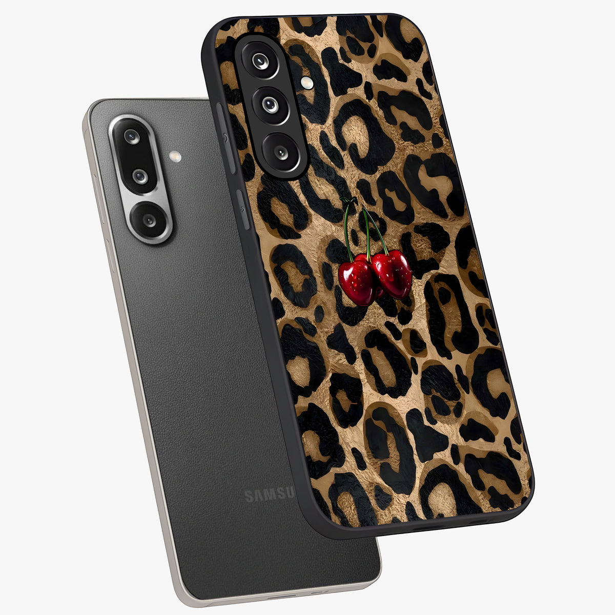 Leopard Wild Cherry Glass Case displayed in angled mockup highlighting bold animal print design with playful cherry aesthetic.