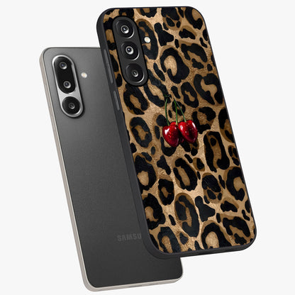 Leopard Wild Cherry Glass Case displayed in angled mockup highlighting bold animal print design with playful cherry aesthetic.