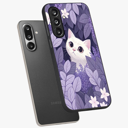 Lilac Hide Peek Cat Glass Case displayed in angled mockup highlighting playful feline illustration with lilac aesthetic design.