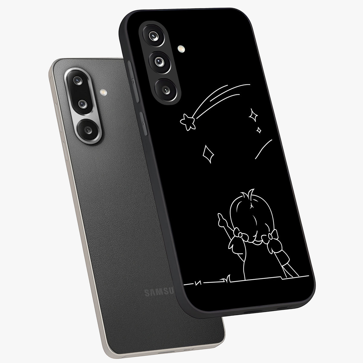Line Art Girl With Shooting Stars Glass Case displayed in angled mockup highlighting elegant line art design with dreamy star aesthetic.