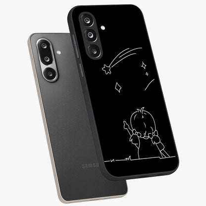 Line Art Girl With Shooting Stars Glass Case displayed in angled mockup highlighting elegant line art design with dreamy star aesthetic.