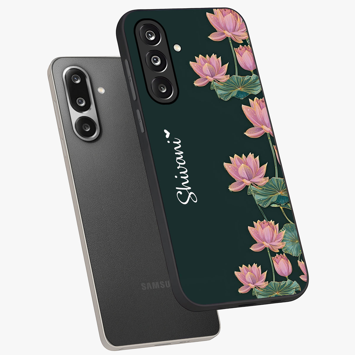 Lotus Bloom Serenity Custom Name Glass Case displayed in angled mockup highlighting graceful lotus illustration with custom name feature.