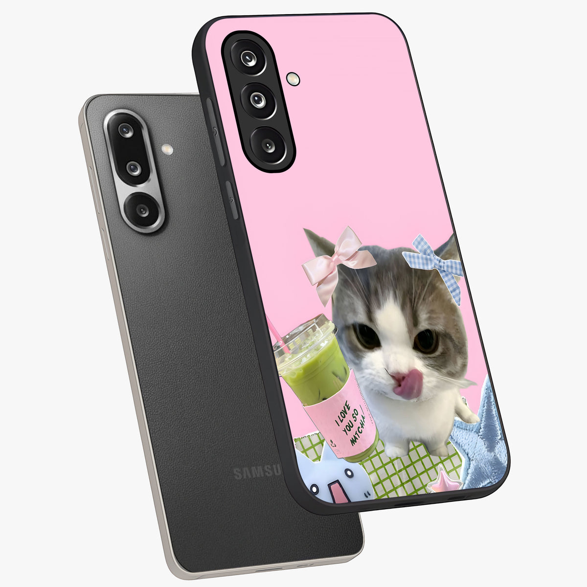 Love Matcha Cat Glass Case displayed in angled mockup highlighting playful feline illustration with cozy matcha aesthetic.