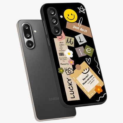 Lucky Aesthetic Collage Glass Case displayed in angled mockup highlighting stylish collage pattern with modern aesthetic vibe.