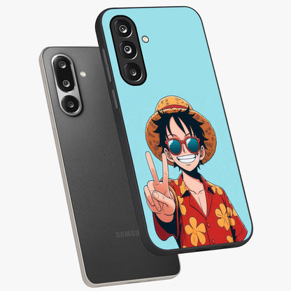 Luffy Summer Anime Vibe Glass Case displayed in angled mockup highlighting energetic anime illustration with summer vibe aesthetic.