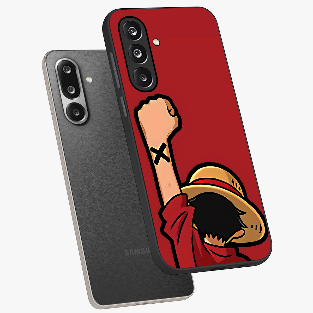 Luffy X Spirit Glass Case displayed in angled mockup highlighting powerful anime design with energetic action aesthetic.