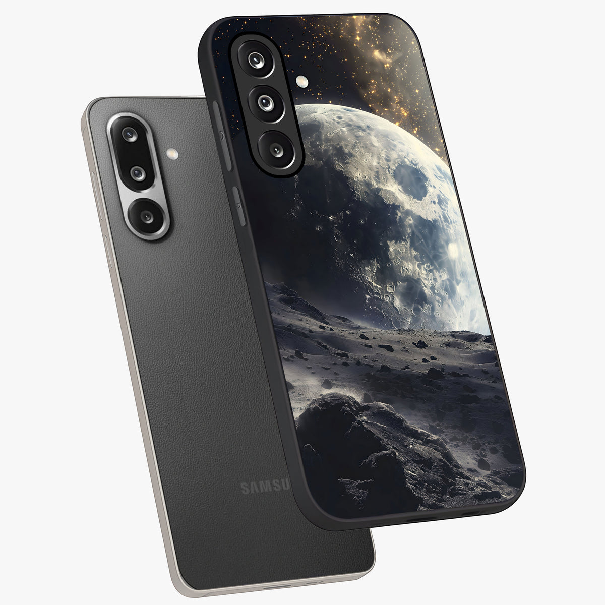 Lunar Horizon Glow Glass Case displayed in angled mockup highlighting celestial moon design with dreamy night aesthetic.
