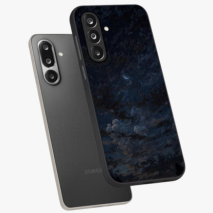 Lunar Veil Silence Glass Case displayed in angled mockup highlighting soft lunar design with peaceful celestial aesthetic.