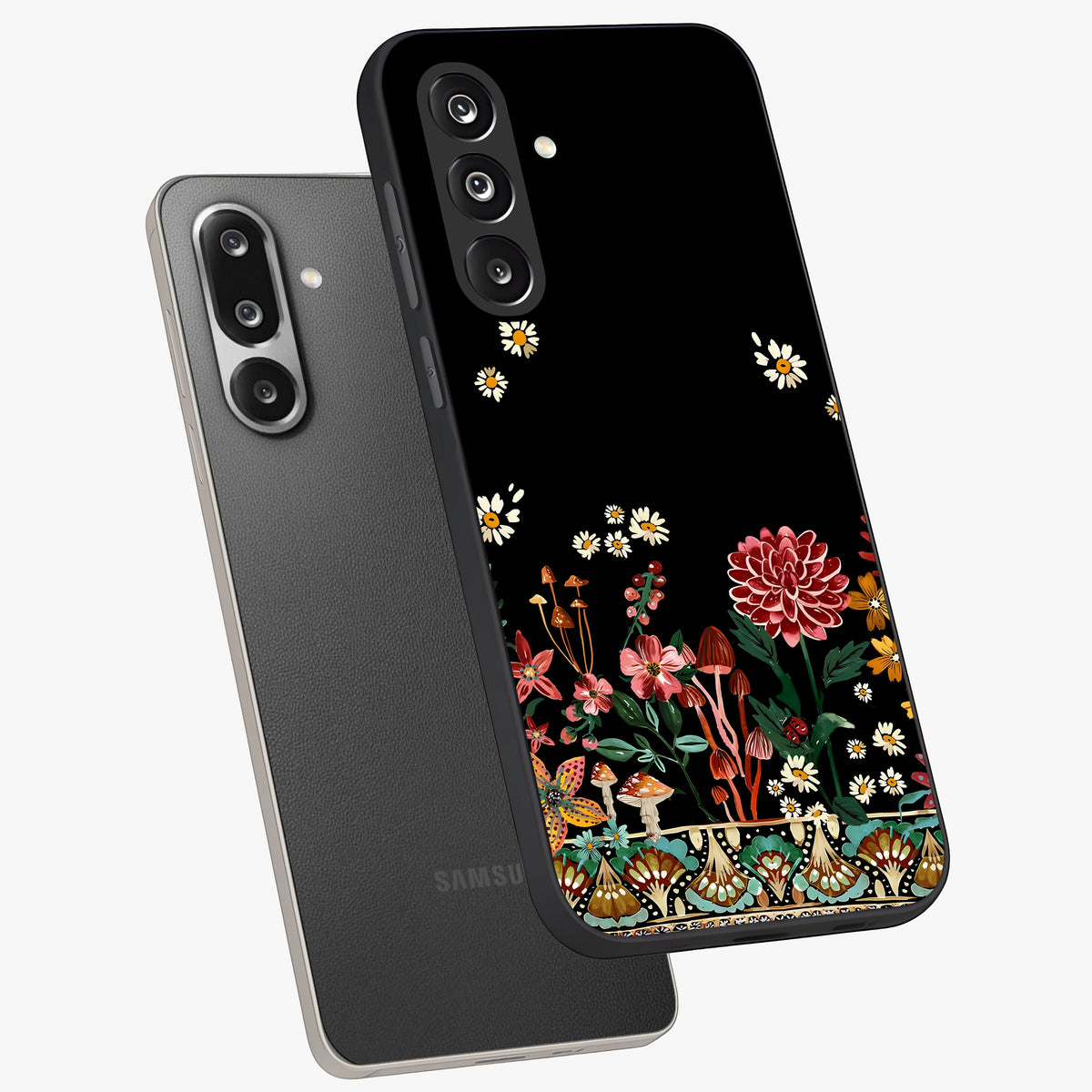 Midnight Bloom Pattern Glass Case displayed in angled mockup highlighting elegant flower design with midnight aesthetic style.