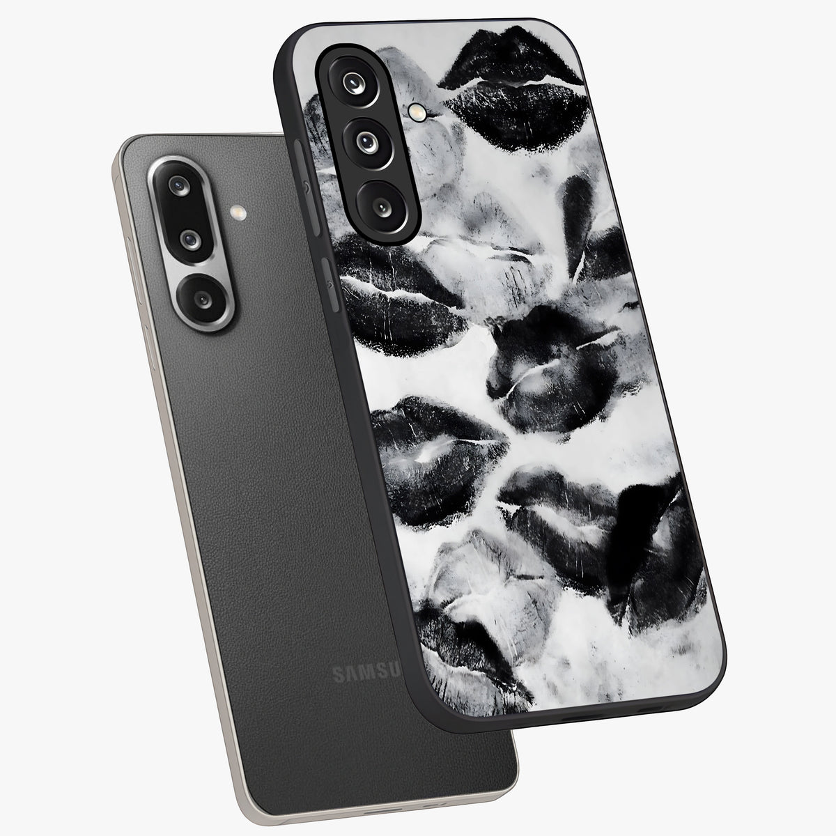 Midnight Kiss Marks Glass Case displayed in angled mockup highlighting playful romantic design with bold midnight aesthetic.
