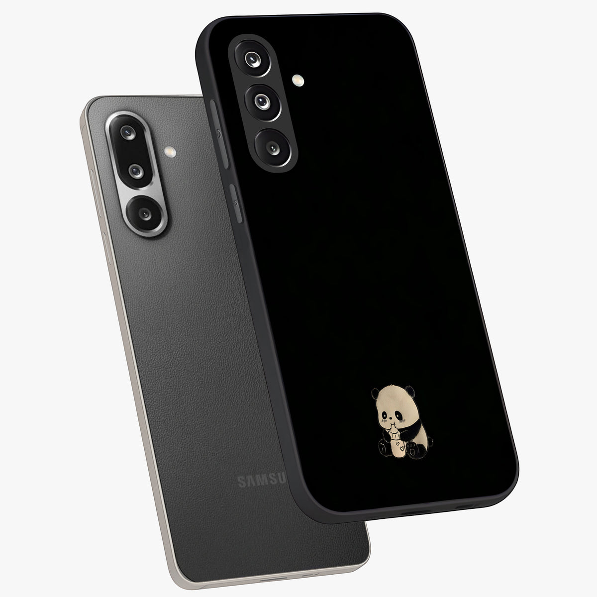 Midnight Panda Love Glass Case displayed in angled mockup highlighting adorable panda illustration with midnight aesthetic.
