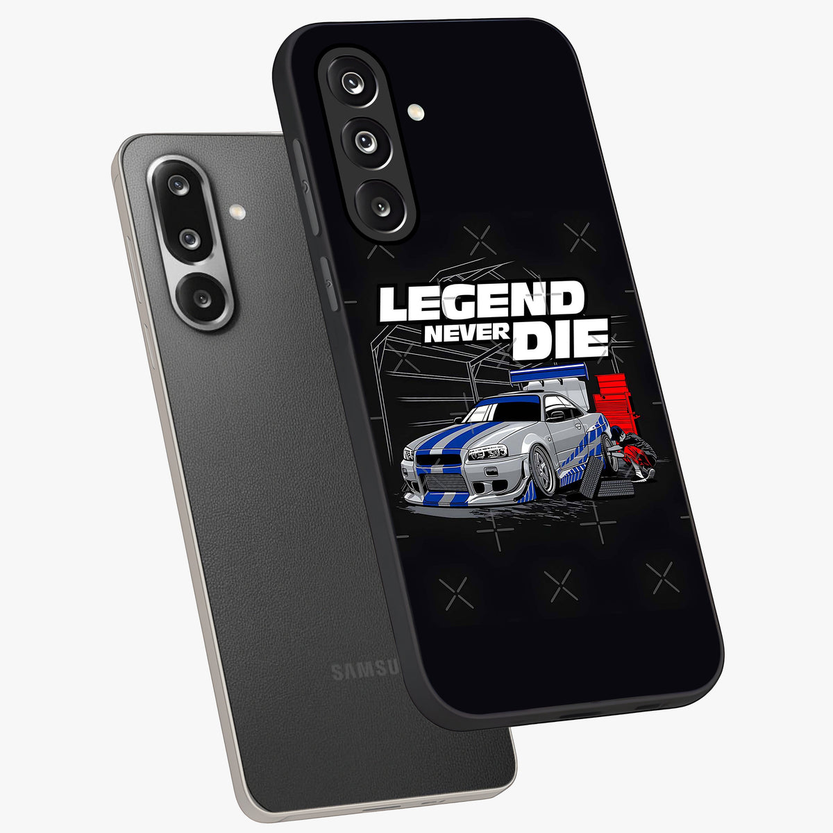 Midnight Racing Legacy Glass Case displayed in angled mockup highlighting dynamic automotive design with bold midnight aesthetic.