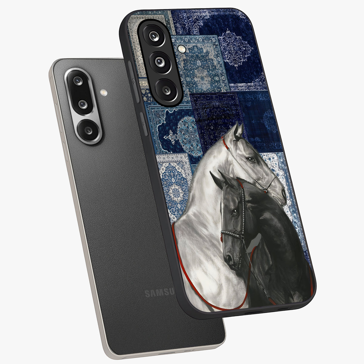 Midnight Stallion Blues Glass Case displayed in angled mockup highlighting powerful stallion illustration with deep midnight tones.