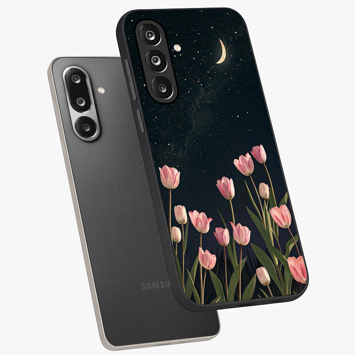 Midnight Tulip Whispers Vibe Glass Case displayed in angled mockup highlighting delicate tulip design with midnight floral aesthetic.