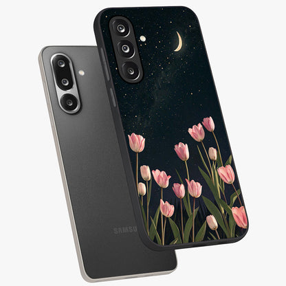 Midnight Tulip Whispers Vibe Glass Case displayed in angled mockup highlighting delicate tulip design with midnight floral aesthetic.
