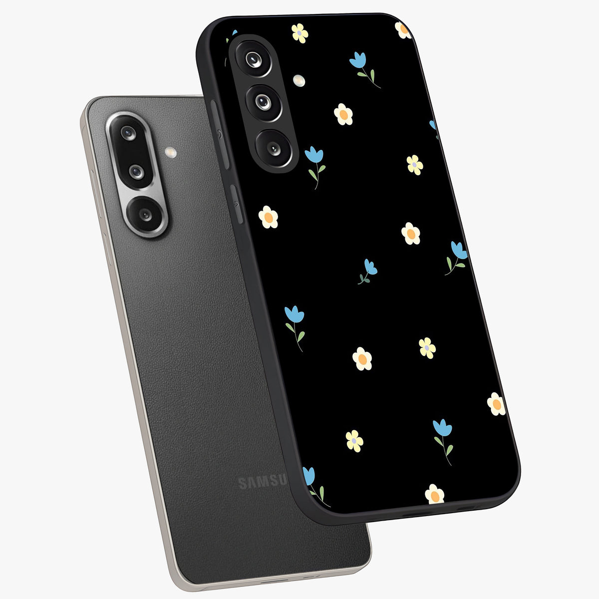 Minimal Petal Whispers Glass Case displayed in angled mockup highlighting delicate petal design with clean minimal aesthetic.