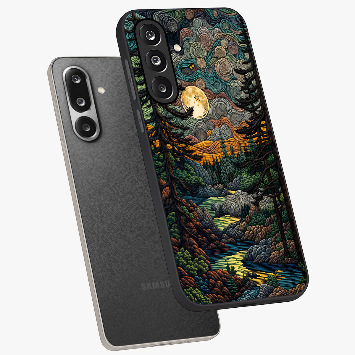 Moonlight Forest Dream Glass Case displayed in angled mockup highlighting dreamy forest design with glowing moon aesthetic.