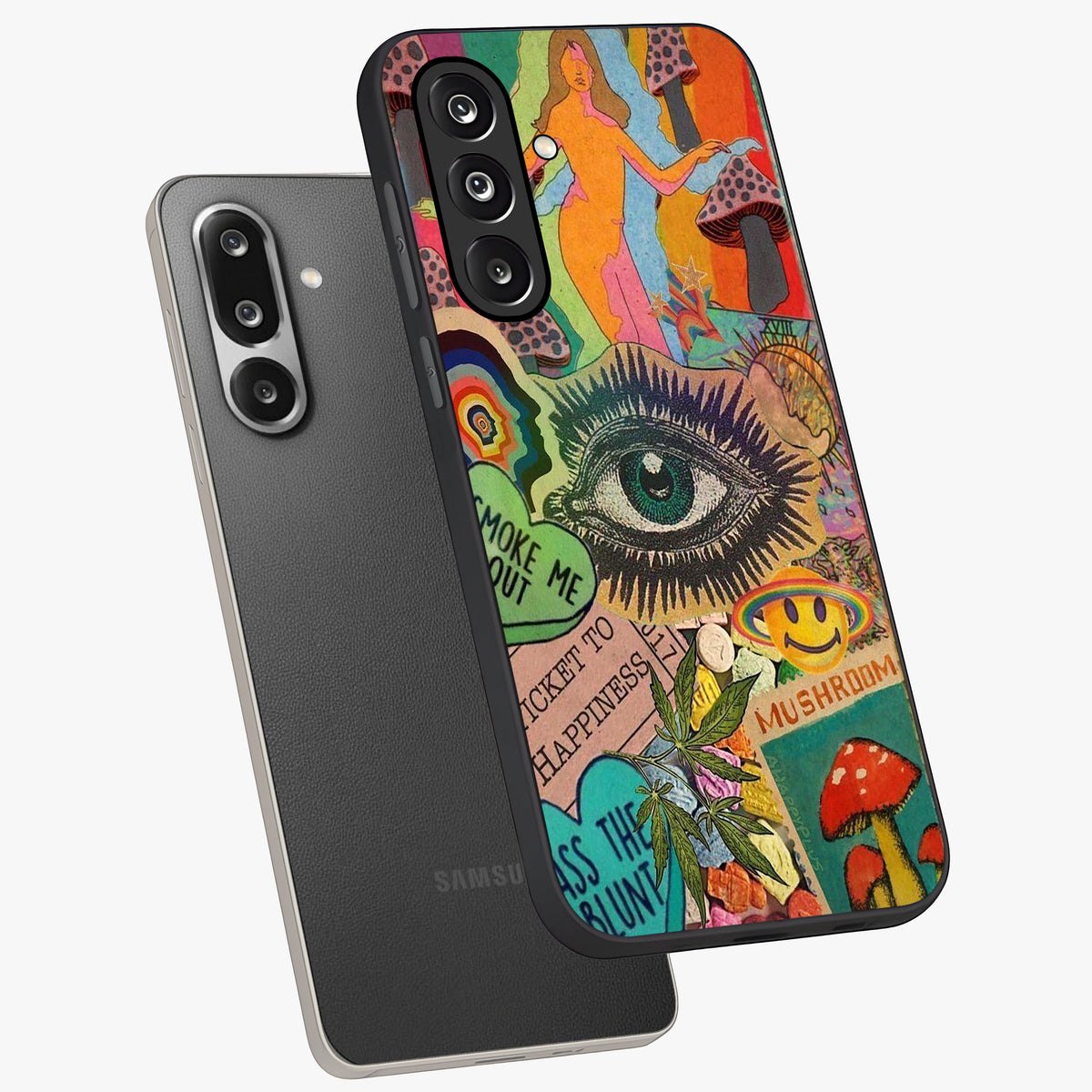 Mystic Eye Wonderland Glass Case displayed in angled mockup highlighting magical eye illustration with dreamy aesthetic.