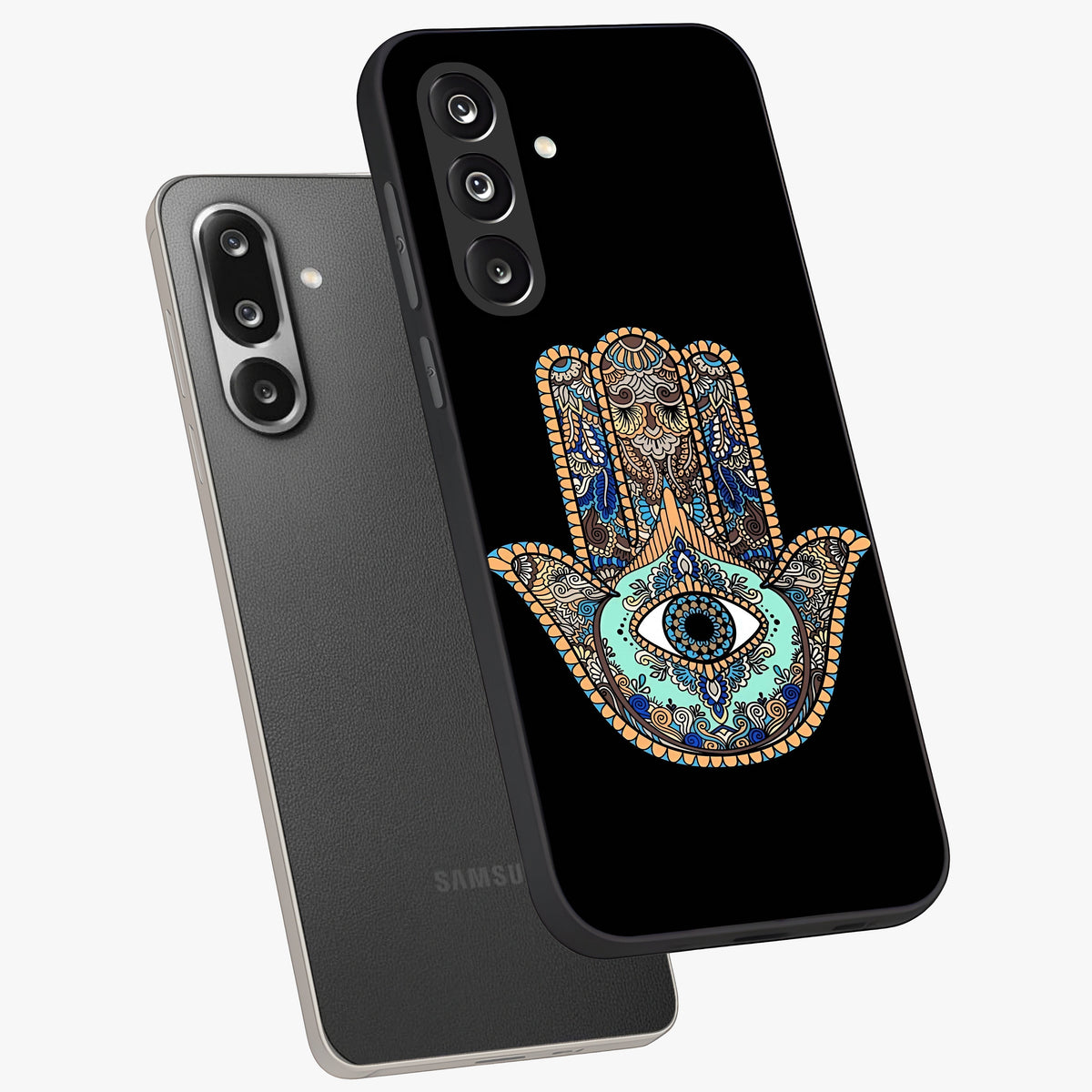 Mystic Hamsa Eye Glass Case displayed in angled mockup highlighting spiritual hamsa symbol with mystical aesthetic style.