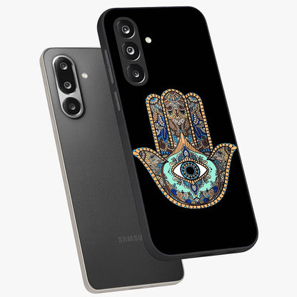 Mystic Hamsa Eye Glass Case displayed in angled mockup highlighting spiritual hamsa symbol with mystical aesthetic style.