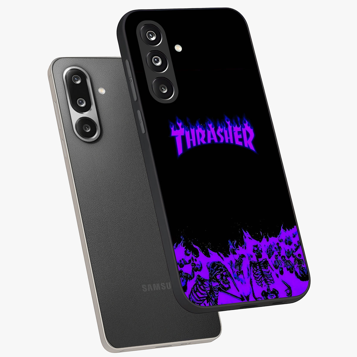 Neon Flame Riot Glass Case displayed in angled mockup highlighting glowing flame design with vibrant neon aesthetic.