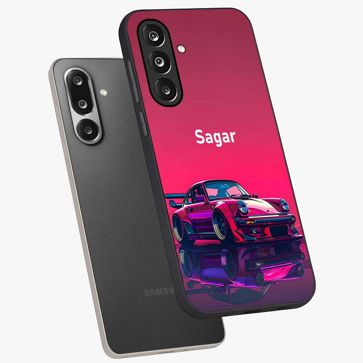 Neon Pink Porsche Glass Case displayed in angled mockup highlighting sleek neon pink car design with racing aesthetic.
