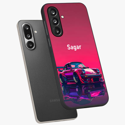 Neon Pink Porsche Glass Case displayed in angled mockup highlighting sleek neon pink car design with racing aesthetic.