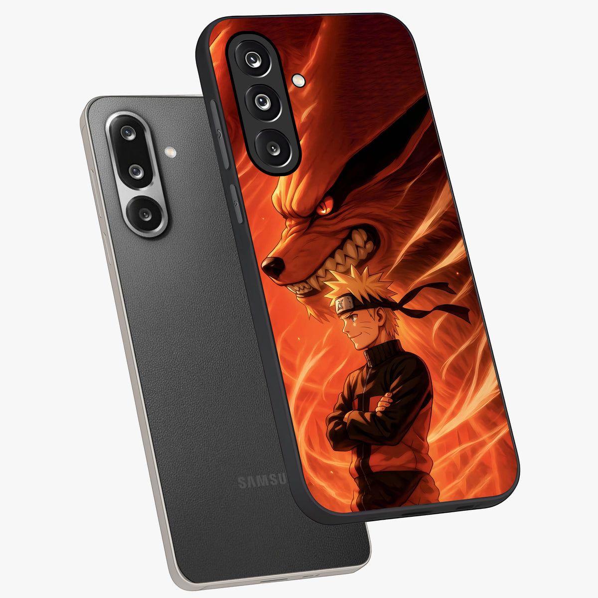 Nine Tails Legacy Glass Case displayed in angled mockup highlighting dynamic anime beast illustration with bold mystical aesthetic.