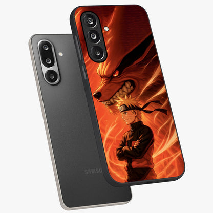 Nine Tails Legacy Glass Case displayed in angled mockup highlighting dynamic anime beast illustration with bold mystical aesthetic.