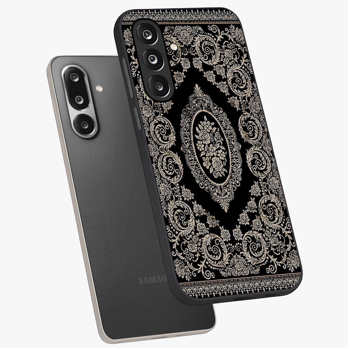 Noir Bloom Elegance Glass Case displayed in angled mockup highlighting refined flower design with stylish noir aesthetic.