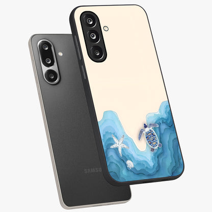 Ocean Drift Turtle Glass Case displayed in angled mockup highlighting peaceful ocean turtle illustration with marine aesthetic.