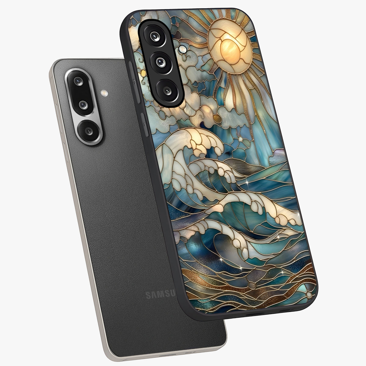 Oceanic Stained Printed Glass Case displayed in angled mockup highlighting colorful aquatic design with artistic aesthetic style.