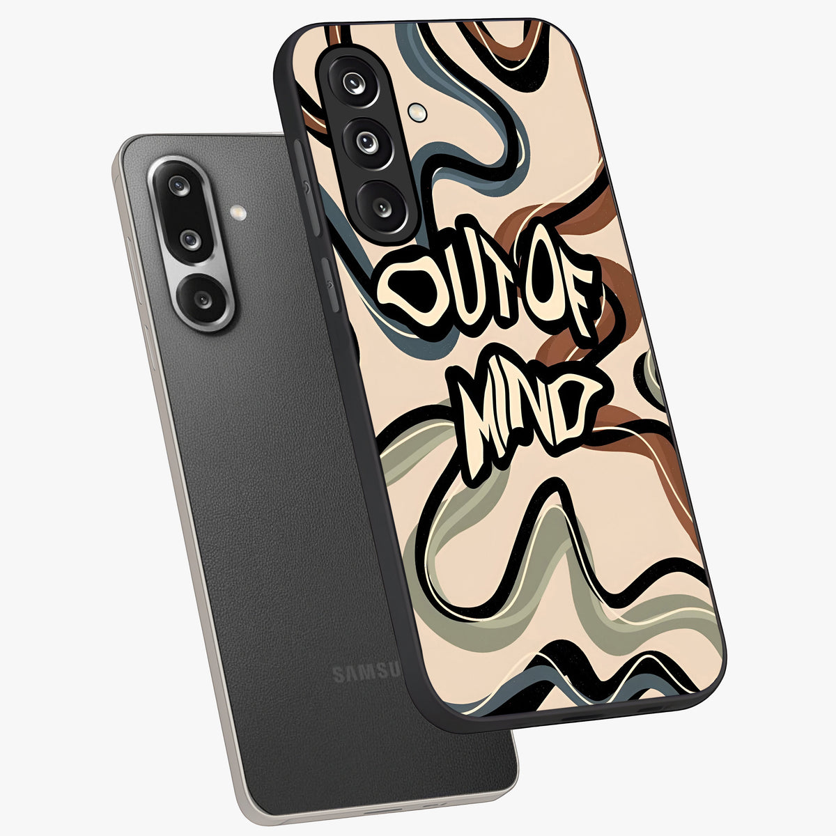 Out Of Mind Glass Case displayed in angled mockup highlighting bold statement design with modern artistic aesthetic.