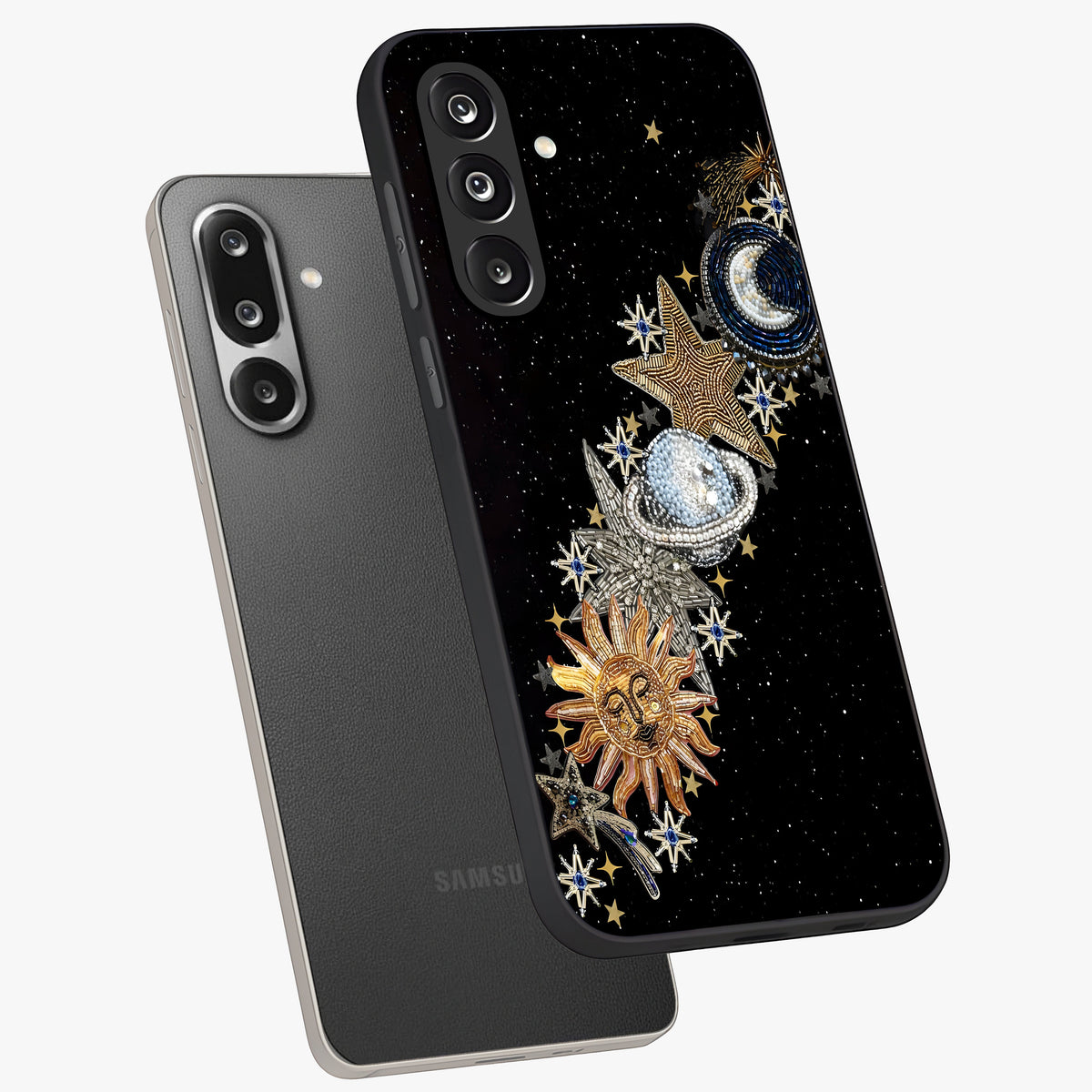 Pearls Universe Object Glass Case displayed in angled mockup highlighting celestial pearl design with dreamy aesthetic.