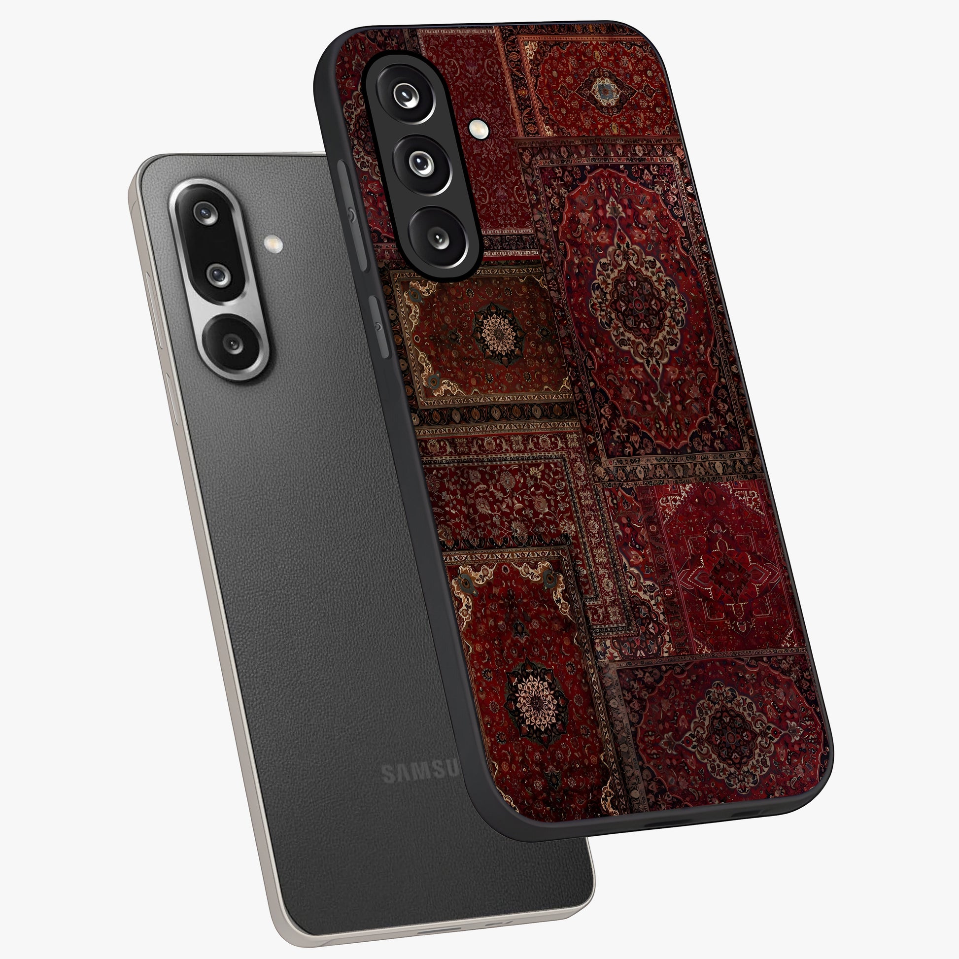 Persian Velvet Tale Glass Case displayed in angled mockup highlighting ornate textile inspired design with royal aesthetic.
