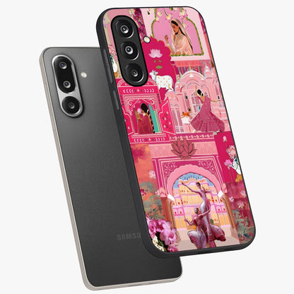 Pink Palace Muse Glass Case displayed in angled mockup highlighting dreamy palace illustration with soft pink aesthetic.