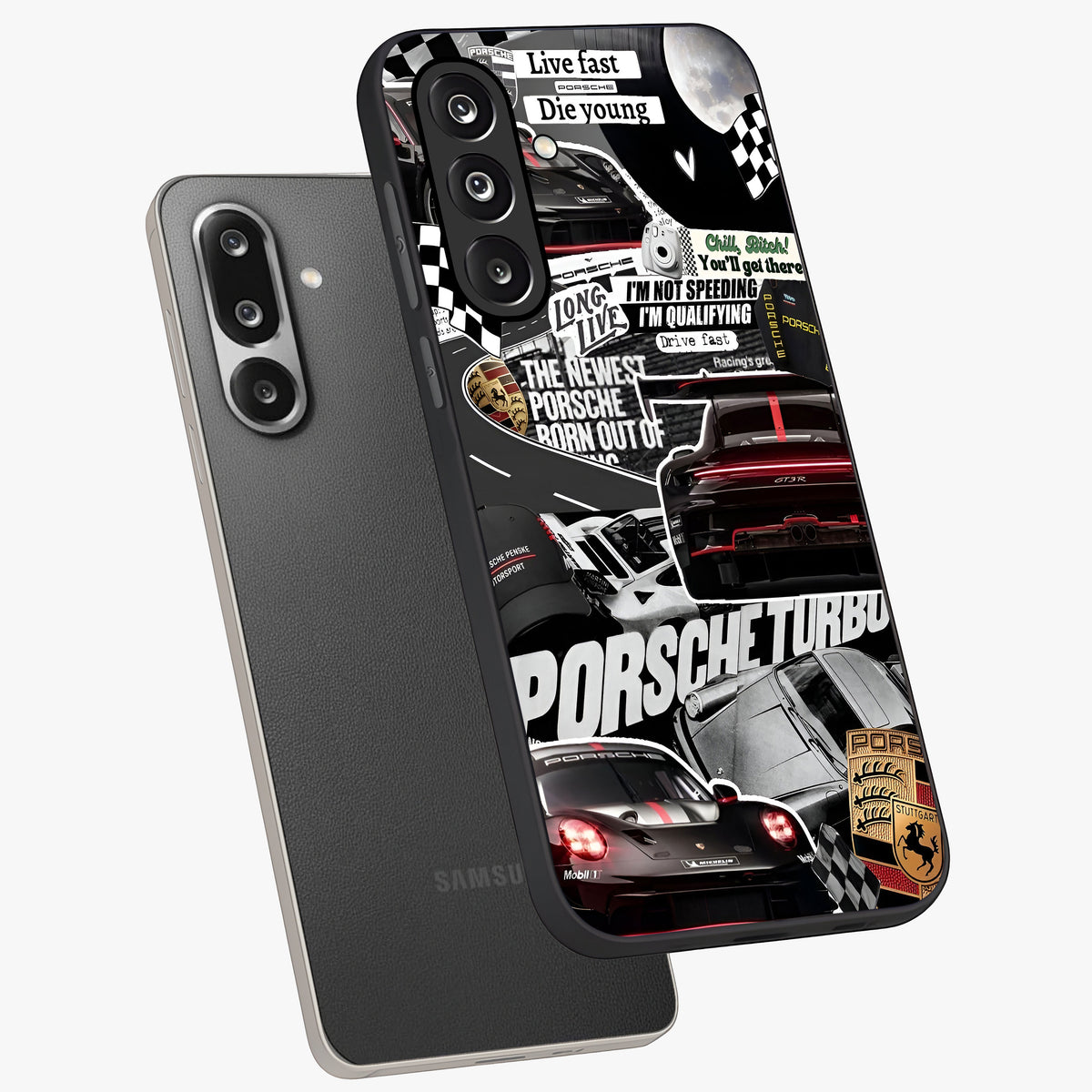 Porsche Racing Collage Glass Case displayed in angled mockup highlighting dynamic automotive design with bold racing aesthetic.