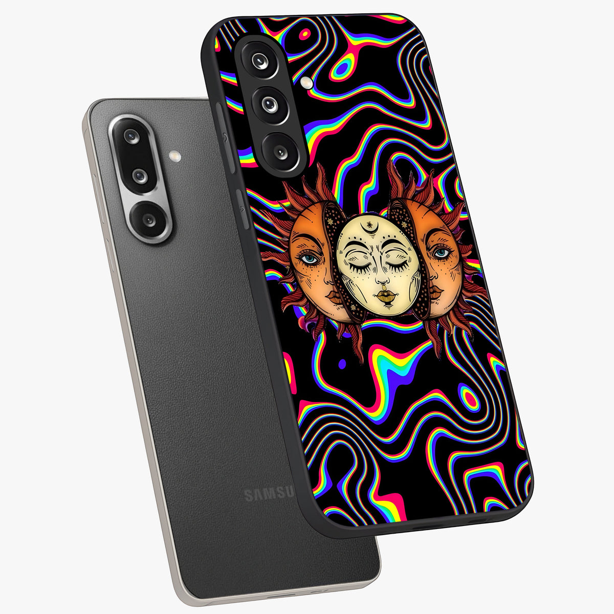 Psychedelic Sun Glass Case displayed in angled mockup highlighting vibrant abstract sun design with artistic aesthetic style.