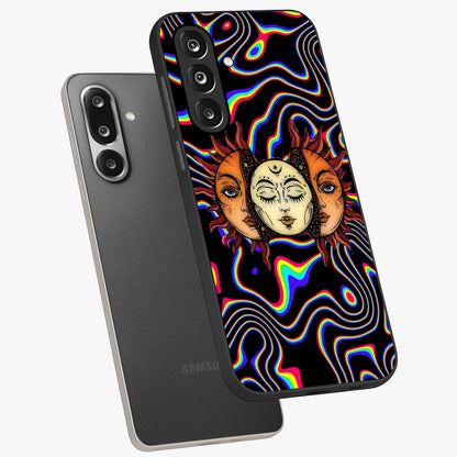 Psychedelic Sun Glass Case displayed in angled mockup highlighting vibrant abstract sun design with artistic aesthetic style.