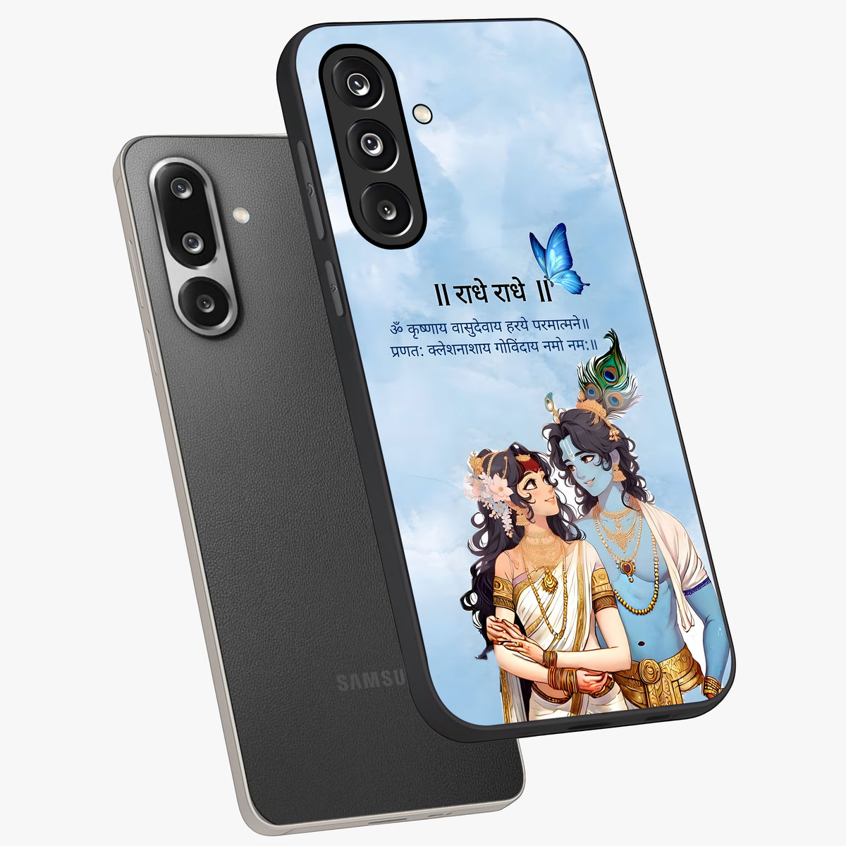 Radha Krishna Eternal Glass Case displayed in angled mockup highlighting divine Radha Krishna illustration with spiritual aesthetic.