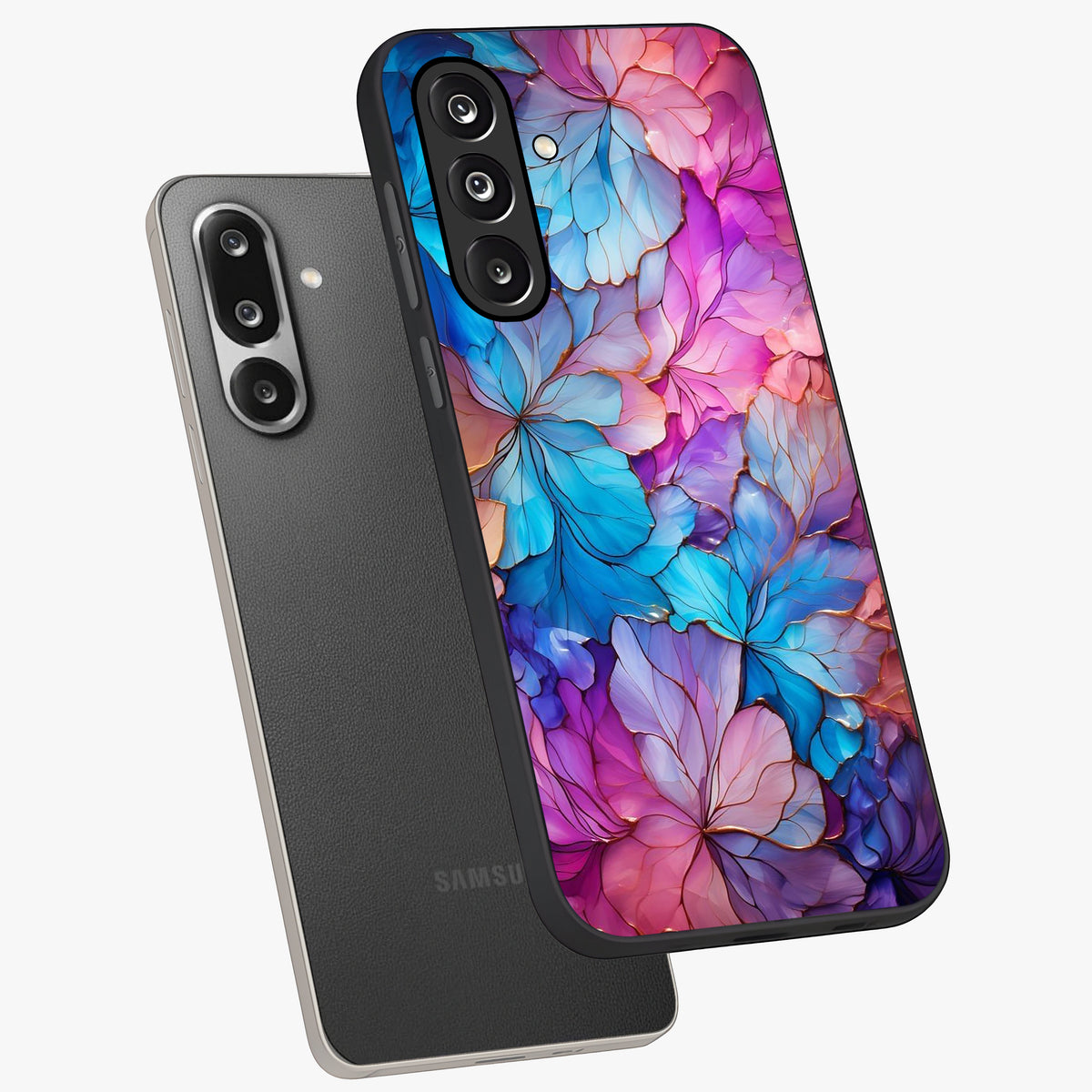 Radiant Floral Whirl Glass Case displayed in angled mockup highlighting vibrant flower pattern with dynamic artistic aesthetic.