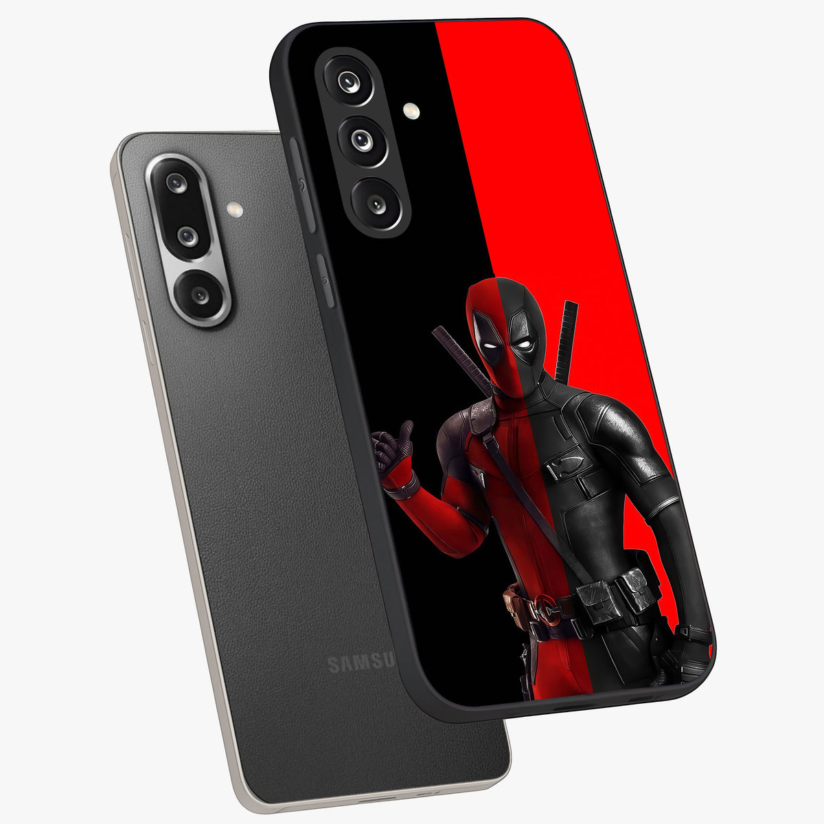 Red & Black Deadpool Theme Glass Case displayed in angled mockup highlighting vibrant superhero style illustration with action aesthetic.