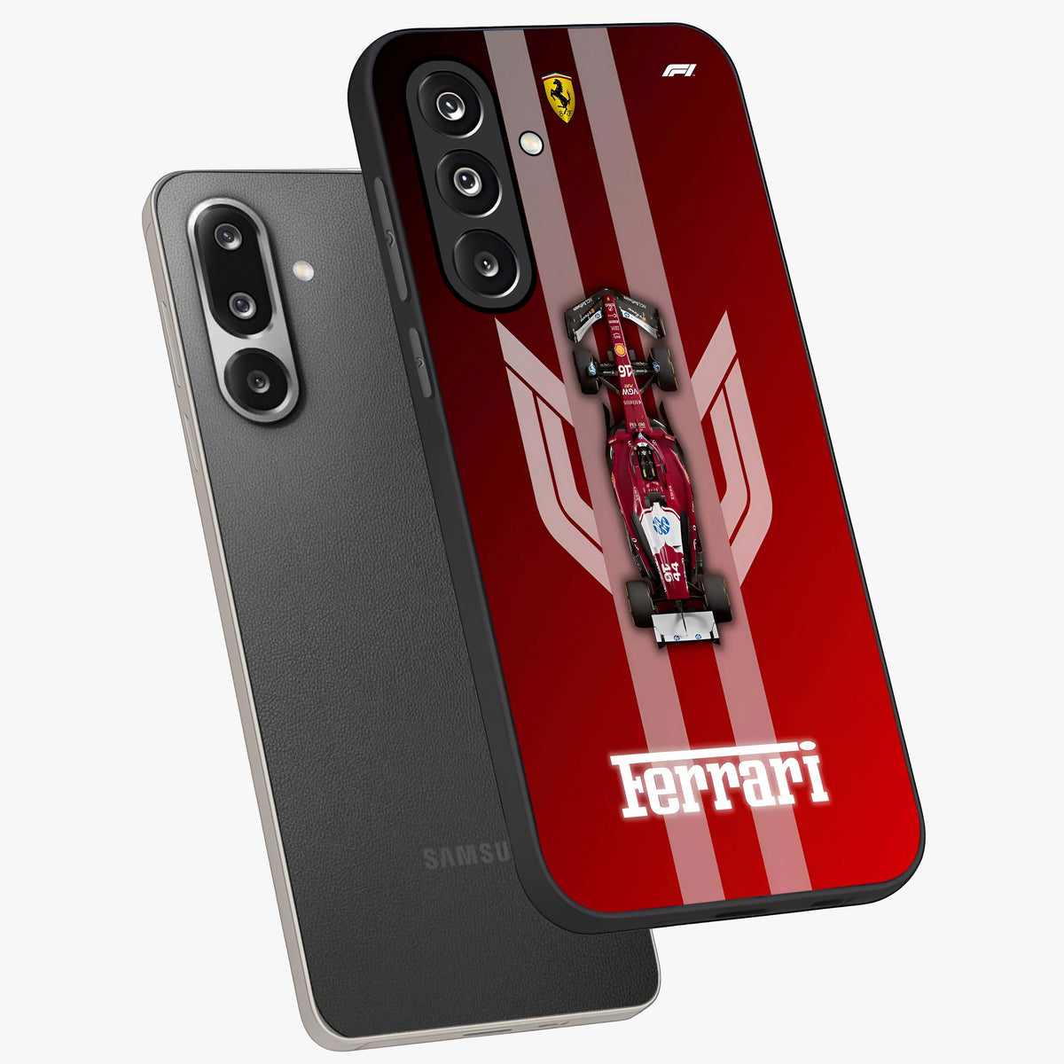 Red Ferrari F1 Vertical Glass Case displayed in angled mockup highlighting high speed racing design with bold automotive aesthetic.