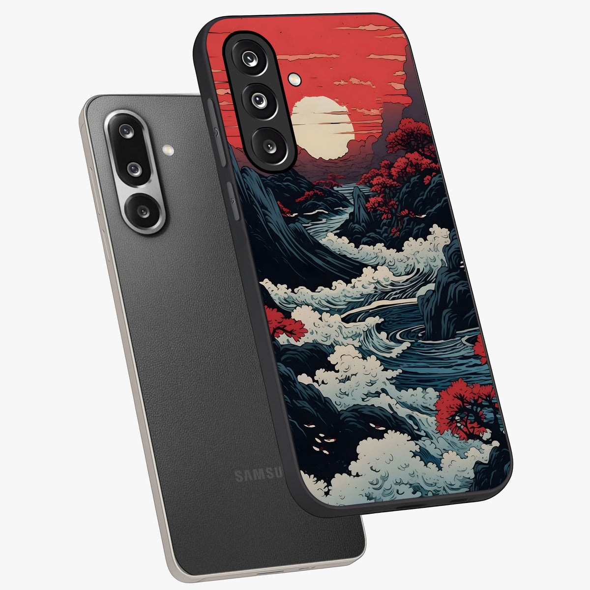 Red Sunset Scenery Glass Case displayed in angled mockup highlighting glowing sunset sky design with scenic aesthetic.