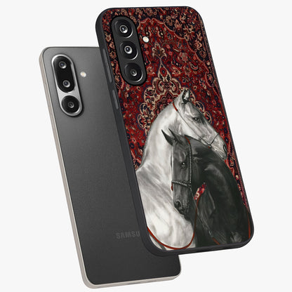 Regal Stallion Tapestry Glass Case displayed in angled mockup highlighting royal stallion design with decorative heritage aesthetic.