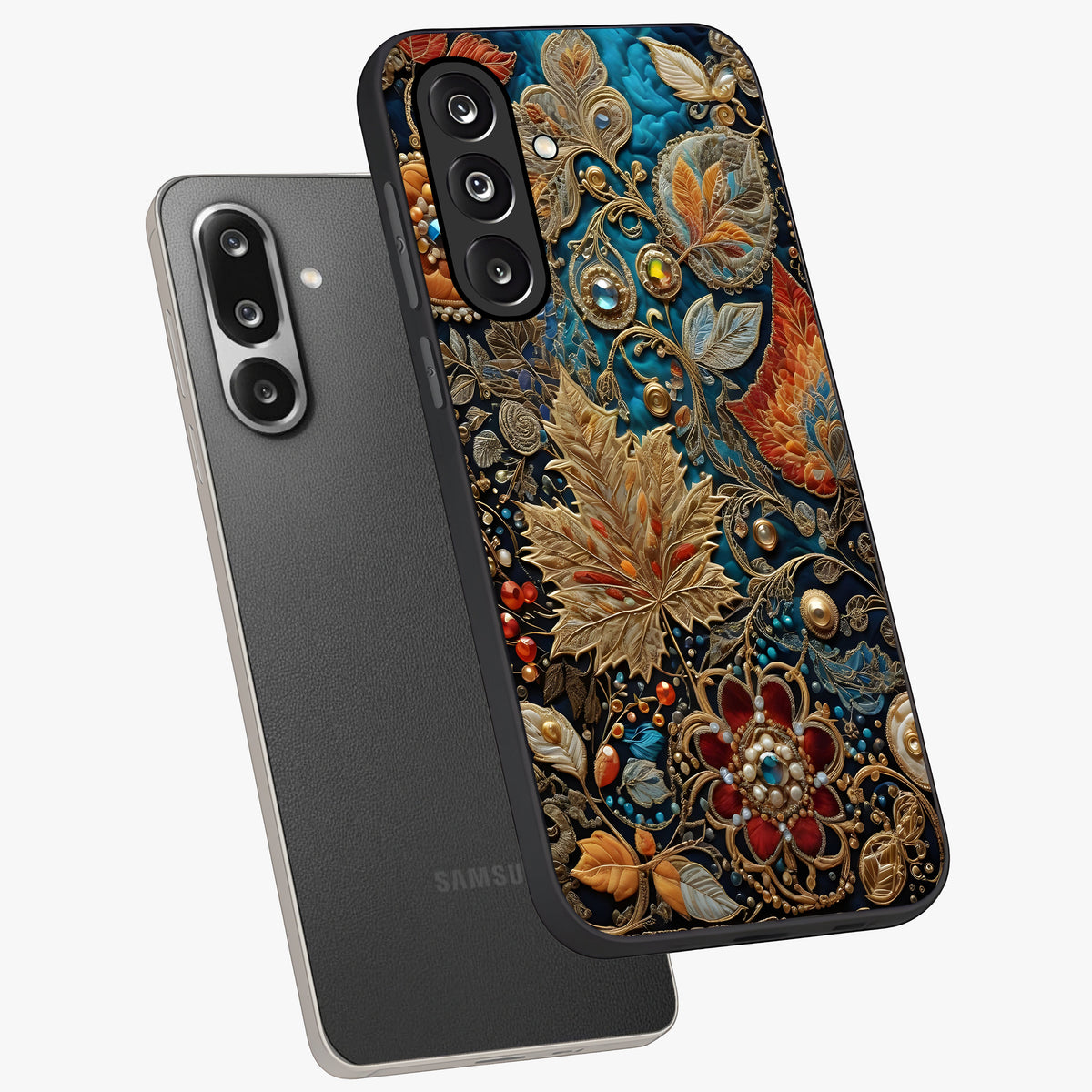 Royal Jewel Garden Glass Case displayed in angled mockup highlighting vibrant jewel inspired floral design with elegant aesthetic.