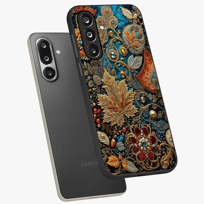 Royal Jewel Garden Glass Case displayed in angled mockup highlighting vibrant jewel inspired floral design with elegant aesthetic.
